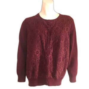 CHAPS Cardigan Sweater Burgundy Floral Lace Overlay Womens Size XL